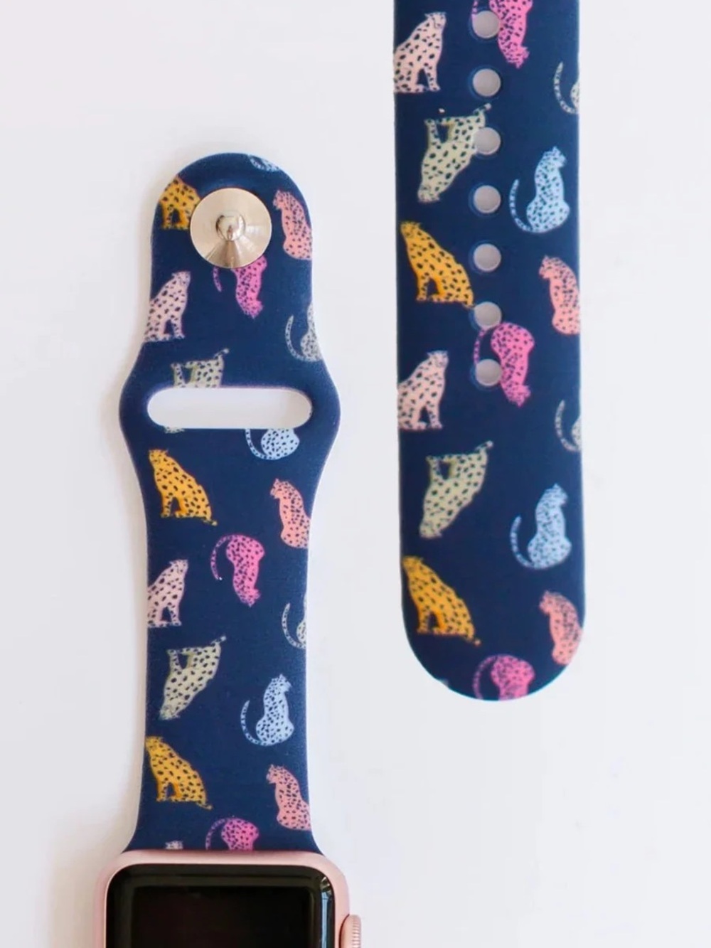 Navy Silicone Watch Band with Multicolor Leopard Print